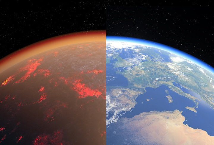 Artist's impression of a hot, thick CO2-rich atmosphere (left) and present-day Earth.