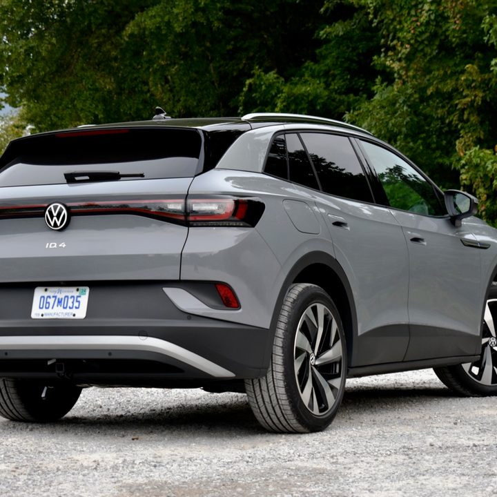 Rear three quarter view of the 2021 Volkswagen ID.4 AWD.