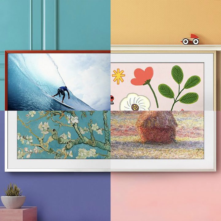 Four squares showing the Samsung "The Frame" tv.