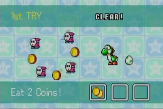 Yoshi beside a ring of shyguys and coins.