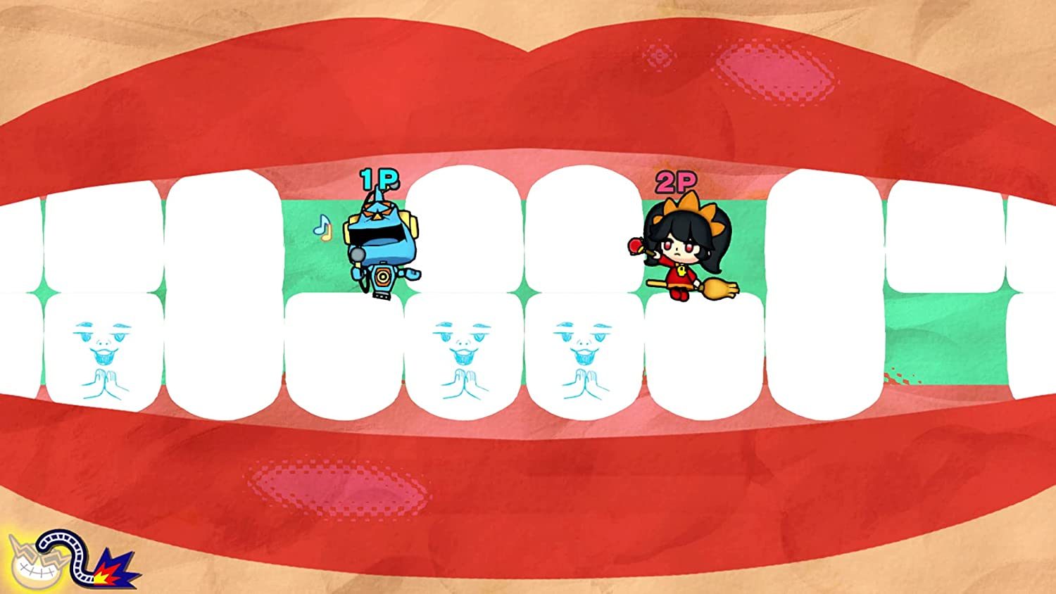 Two Wario characters sit in a mouth in WarioWare: Get It Together!