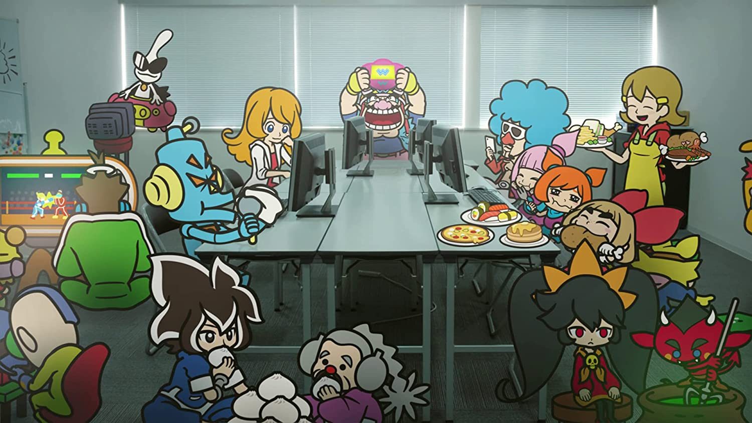 Wario and his friends sit around a table in WarioWare: Get It Together!