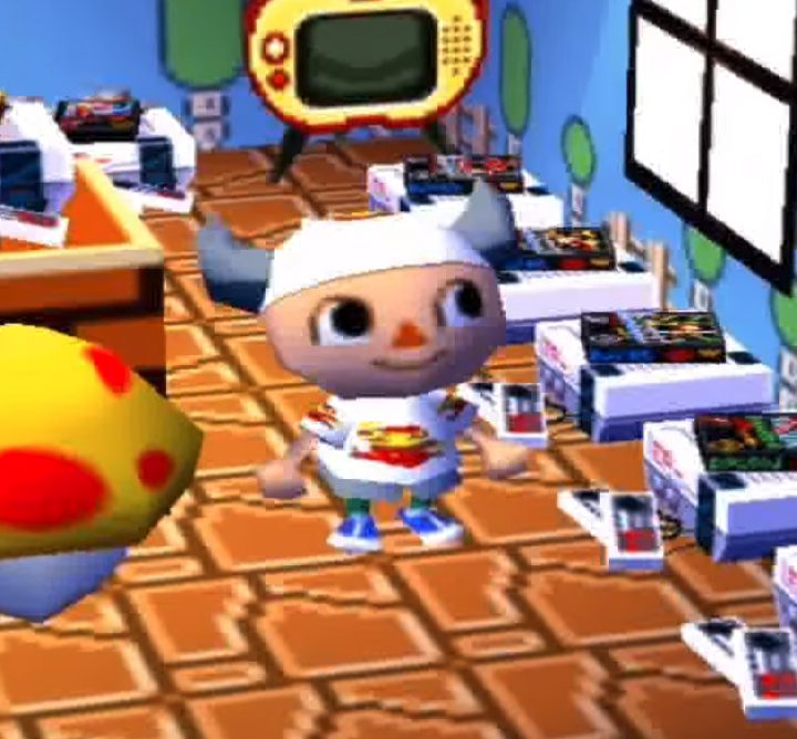 A player examines the NES games in their house in Animal Crossing.