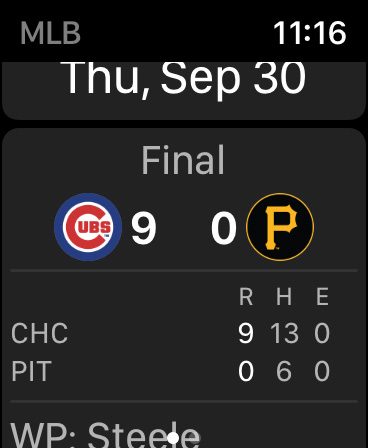 This is a screenshot from the MLB app on the Apple Watch