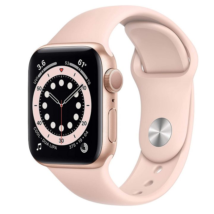 The 40mm Apple Watch Series 6 with a gold aluminum case and a pink sand sport band.