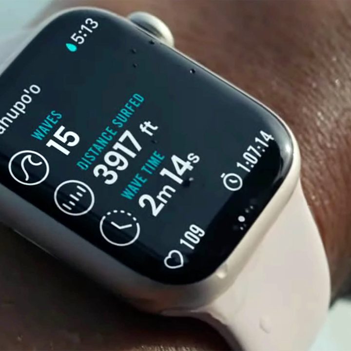Surfing workout being tracked on the all new Apple Watch Series 7.