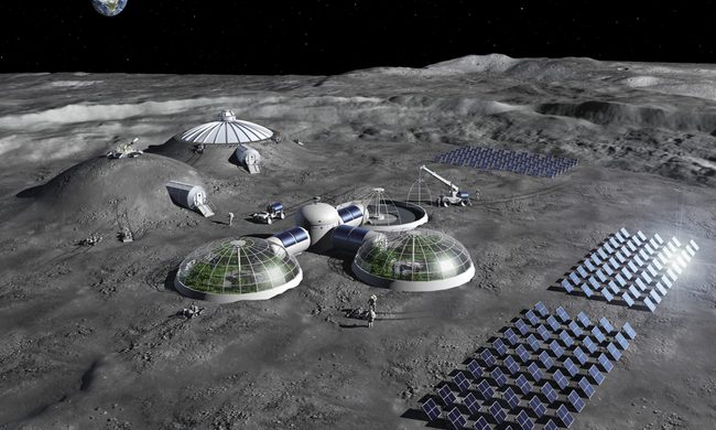 Artist impression of a Moon Base concept, with solar arrays for energy generation, greenhouses for food production, and habitats shielded with regolith.