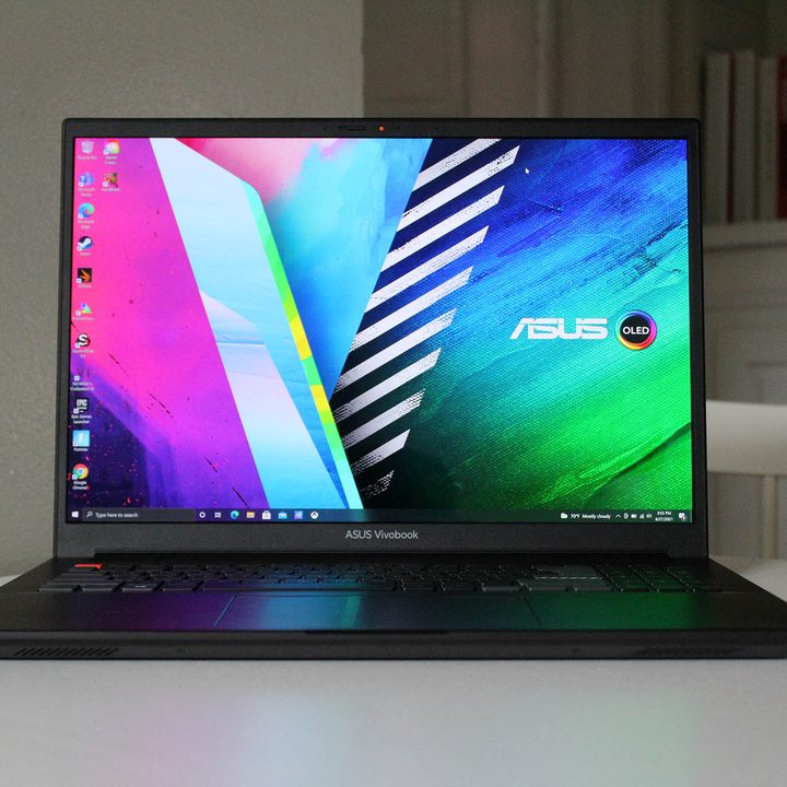 Asus Vivobook Pro 16X OLED sitting on a table top.