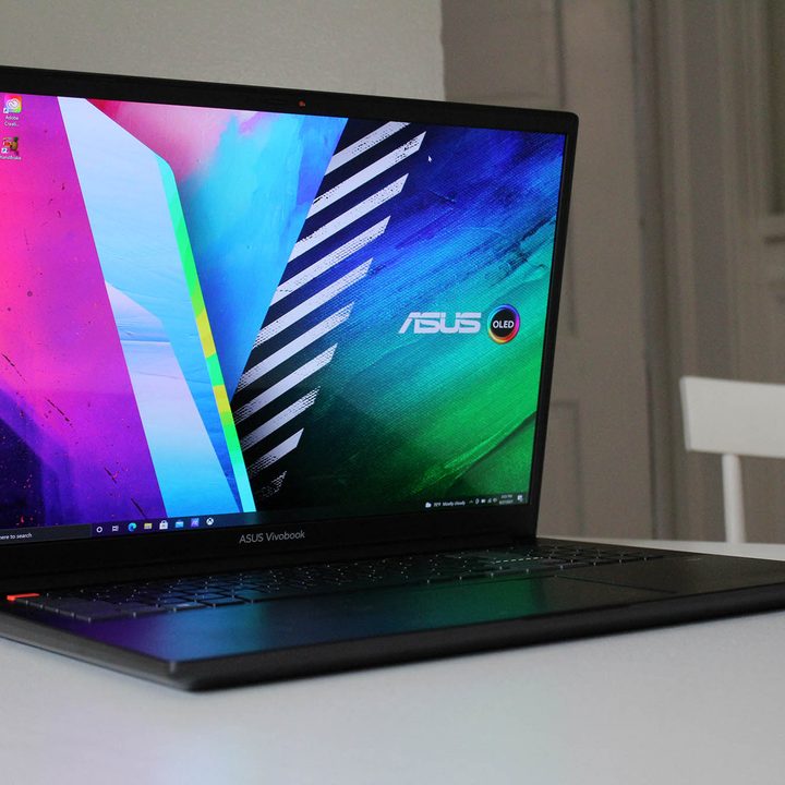 Asus Vivobook Pro 16X OLED sitting on a table top.