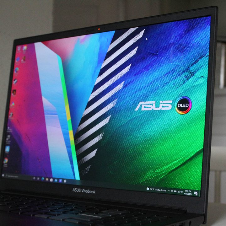 Asus Vivobook Pro 16X OLED sitting on a table top.