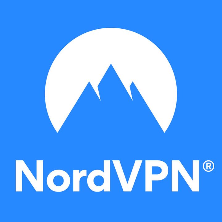 NordVPN company name and logo, blue mountain peaks against a white circle on a blue background.