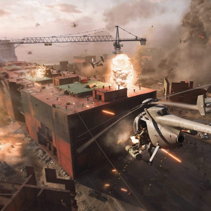 A helicopter dives into a fiery battle in Battlefield 2042.