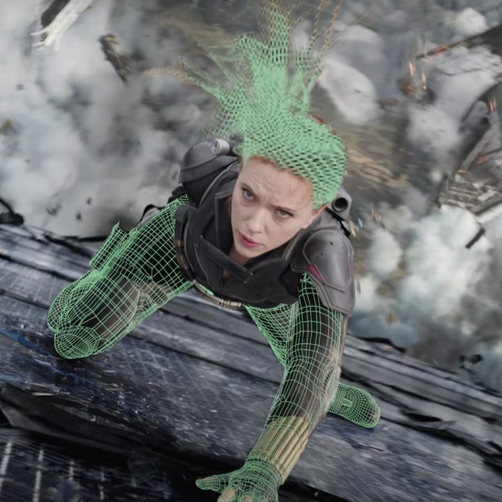 Scarlett Johansson in a visual effects sequence from the making of Marvel's Black Widow movie.