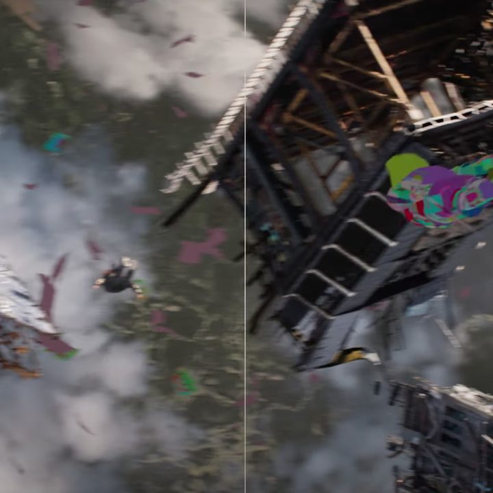 A mid-air visual effects sequence from the making of Marvel's Black Widow movie.