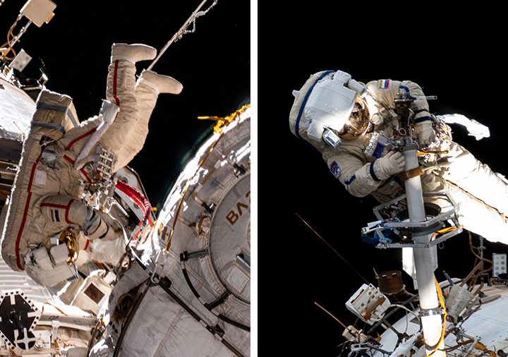 Cosmonauts (from left) Oleg Novitskiy and Pyotr Dubrov conducting their second spacewalk together.