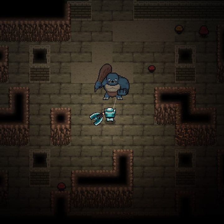 An ogre stares down a fighter in Below the Stone.