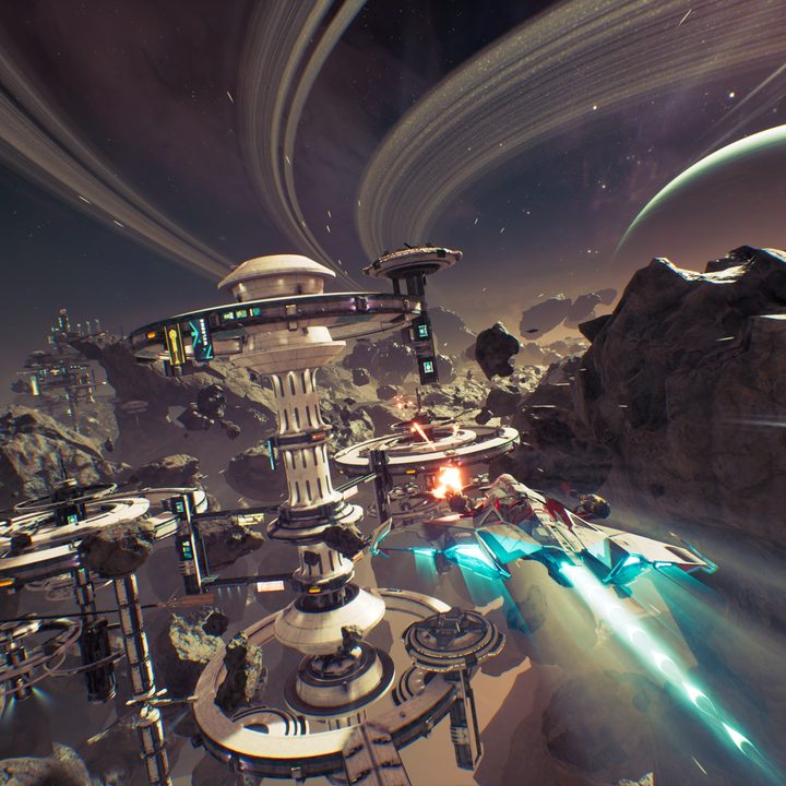 Forsaken fighting other ships above a city in Chorus.