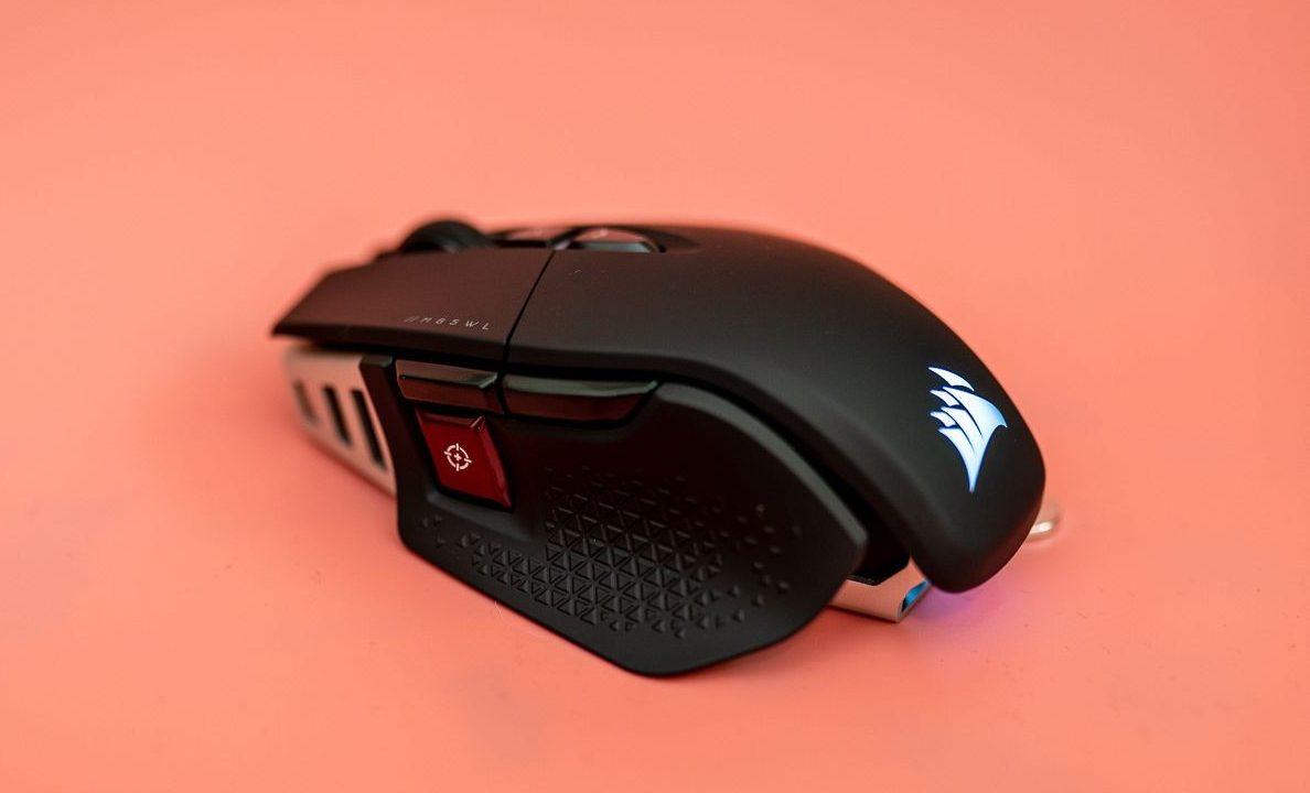 A side view of the Corsair M65 wireless mouse.