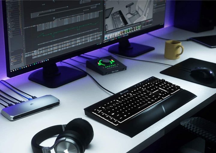 The Corsair TBT100 Thunderbolt 3 Dock hooked into a desktop gaming setup.