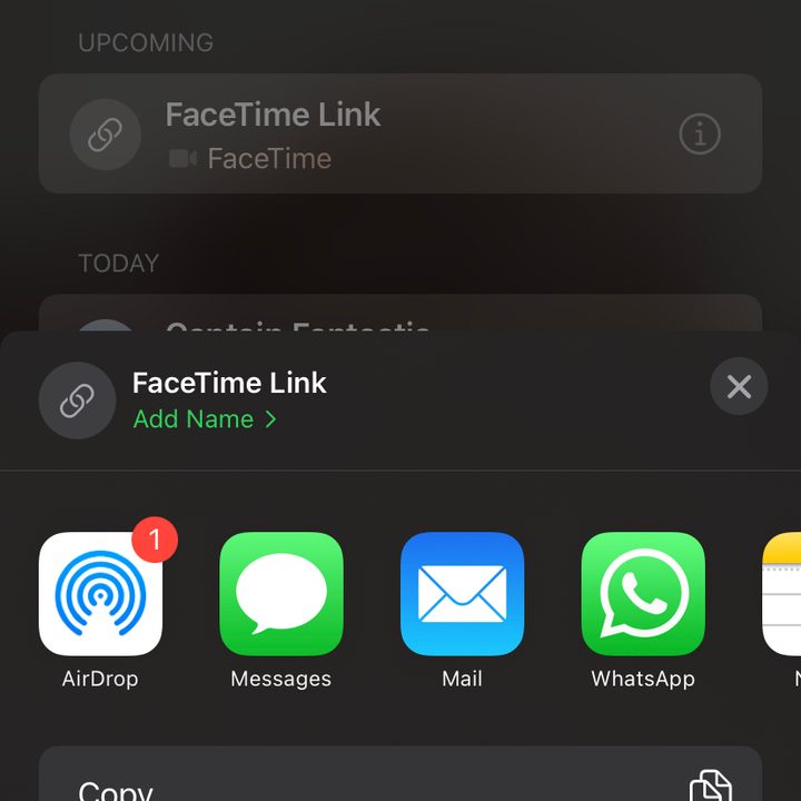 iPhone creating a FaceTime link.