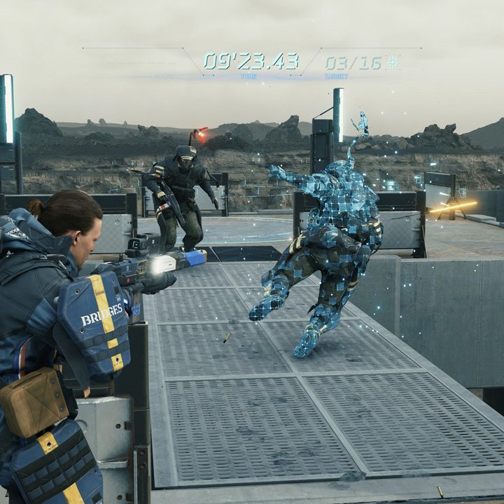 Sam Bridges shoots enemies in a firing range in Death Stranding: Director's Cut.