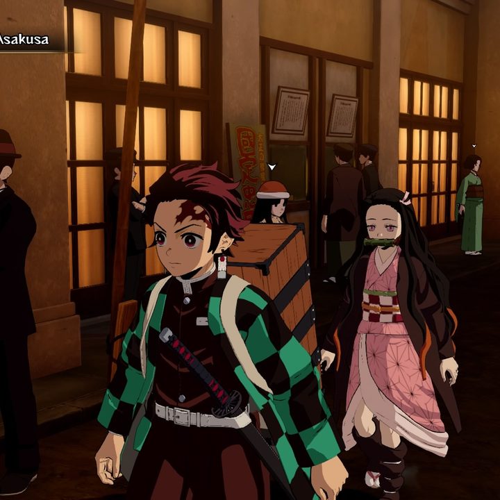Tanjiro and Nezuko walking through a crowded town.