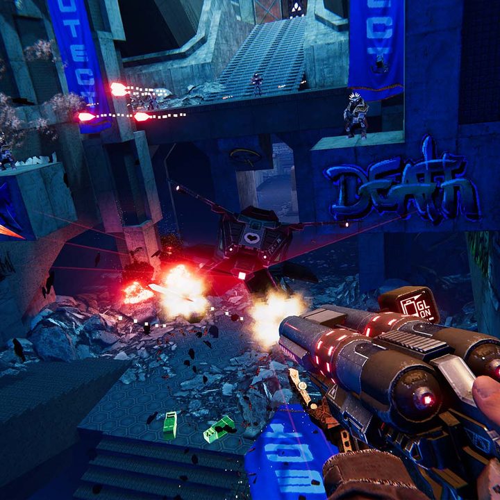 Leaping through the air, the player fires grenades from his shotgun.