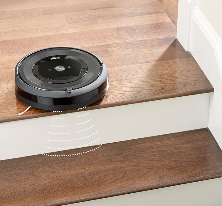 Cliff sensors on iRobot Roomba E5 prevents falling off stairs.