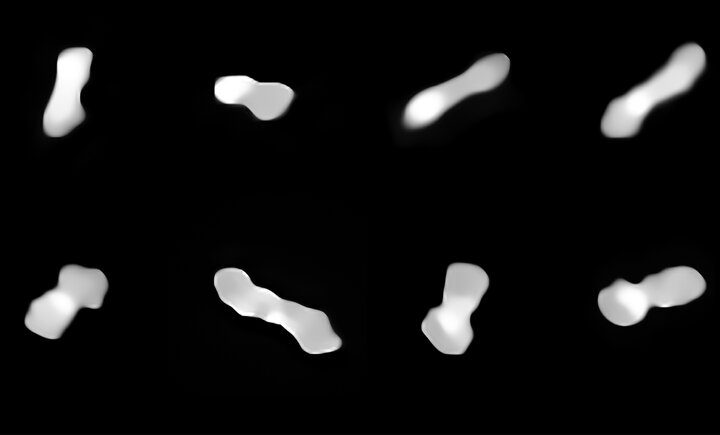 Eleven images of the asteroid Kleopatra, viewed at different angles as it rotates.