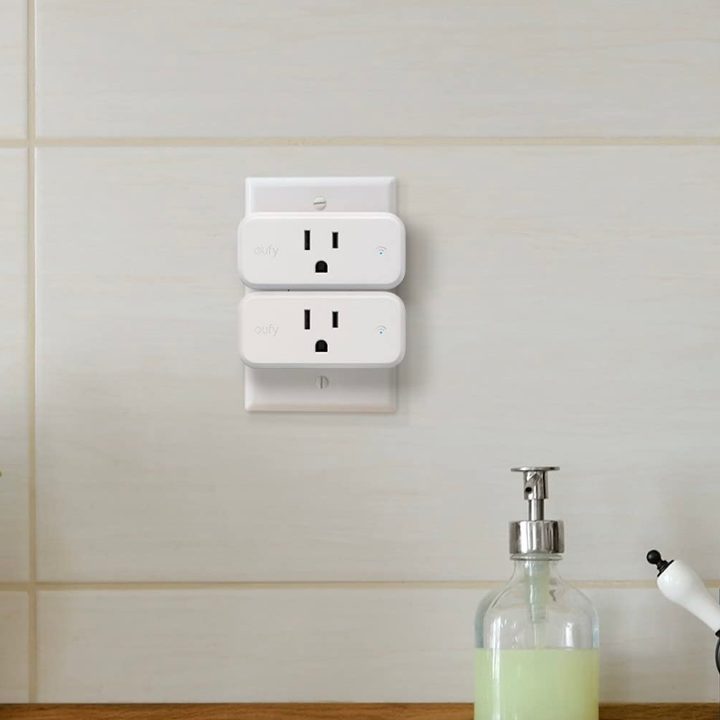 The Eufy Smart Plug Mini connected to a kitchen outlet.