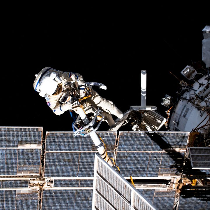 Expedition 65 flight engineer and Roscosmos cosmonaut Pyotr Dubrov, pictured during a spacewalk to perform work on the Pirs docking compartment.