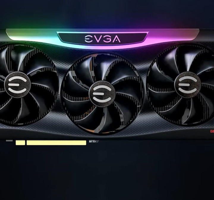 A black EVGA RTX 3090 graphics card with pastel RGB lighting on top.