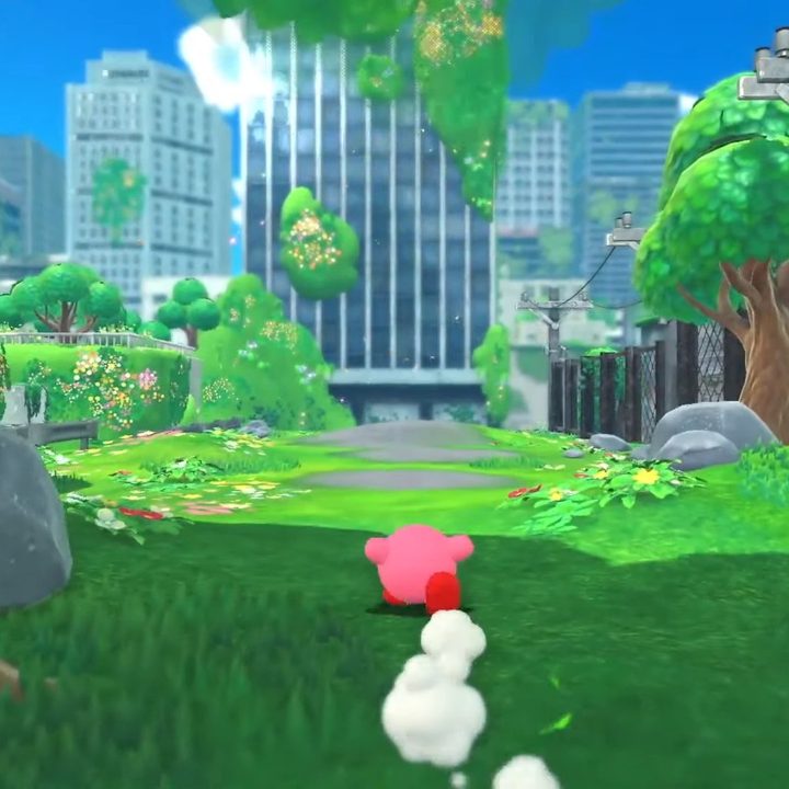 Kirby runs around a city in Kirby and the Forgotten Land.