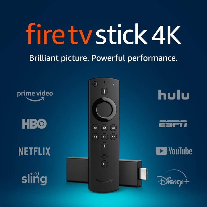 Fire Stick 4k streaming device with black remote and advertisement wording.