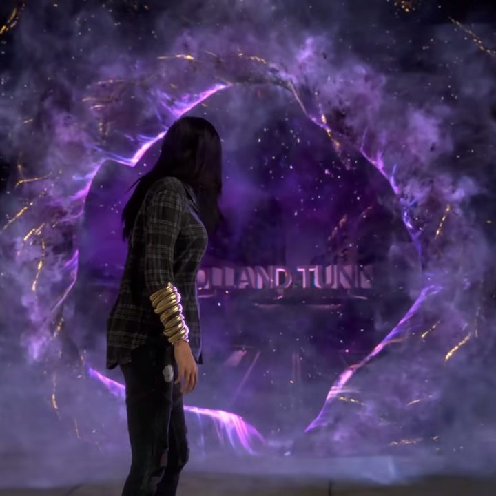 Main character looking through a portal in Forspoken.