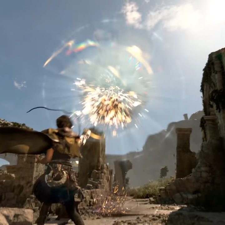 Frey shooting magic at a flying enemy.