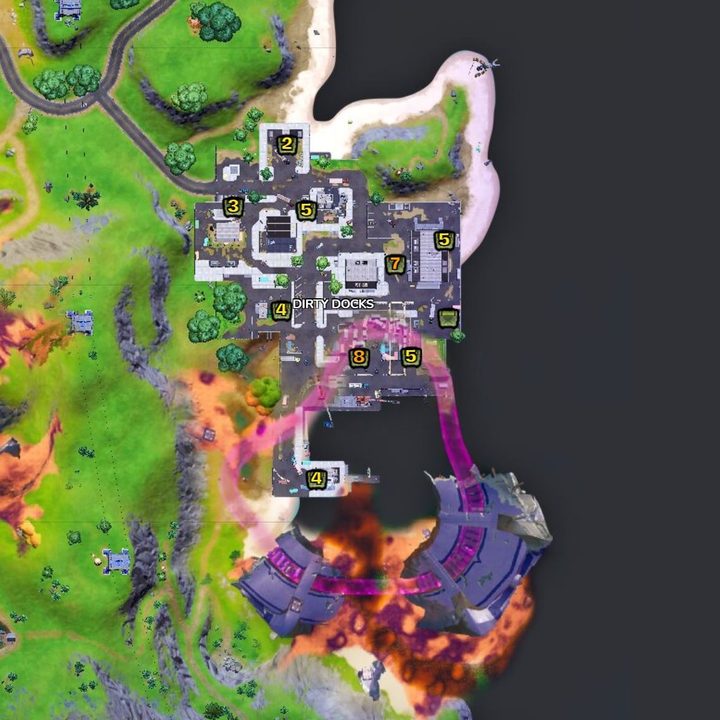 Map of ammo boxes at Dirty Docks in Fortnite.