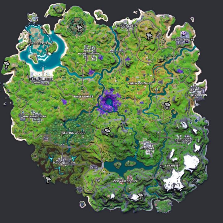 Dish station locations in Fortnite.