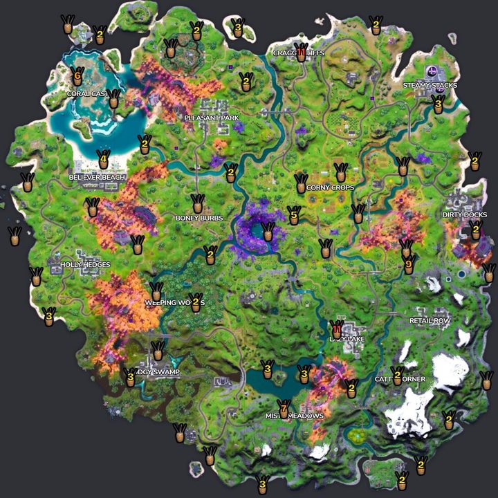 Map of harpoon gun locations in Fortnite.