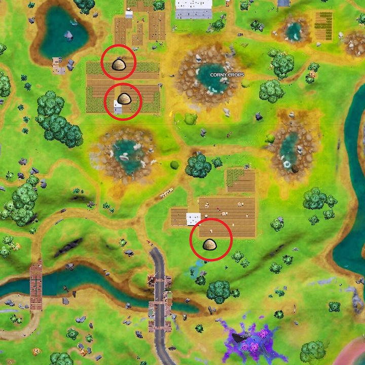 Map of haystacks in Fortnite.