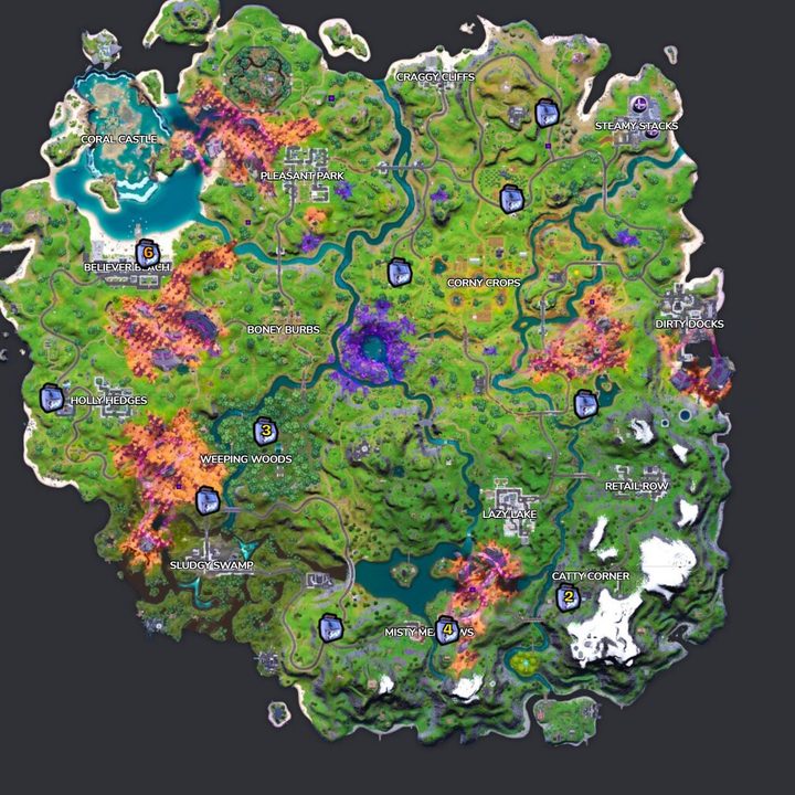 Map of ice machines in Fortnite.