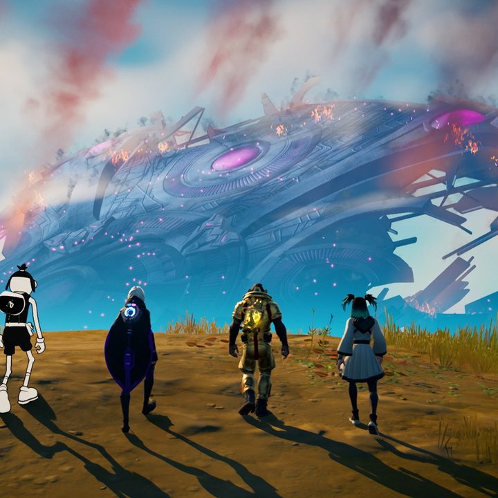 Four characters overlooking crashed ship in Fortnite.