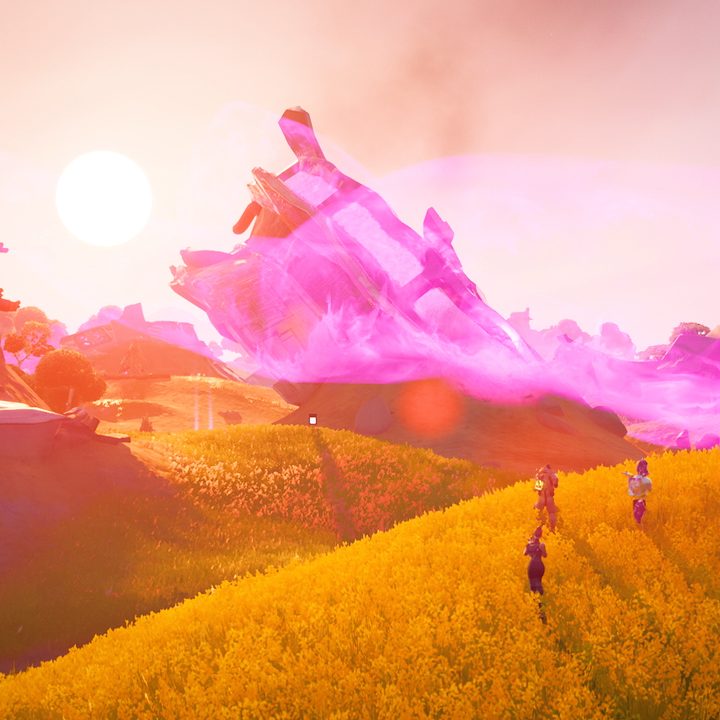 Characters overlooking cubes in Fortnite.