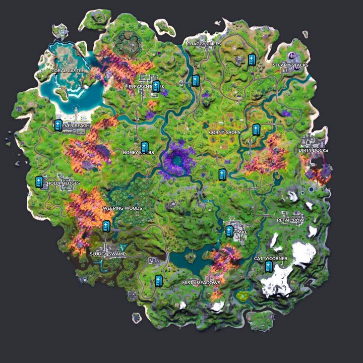 Map of mending machines in Fortnite.