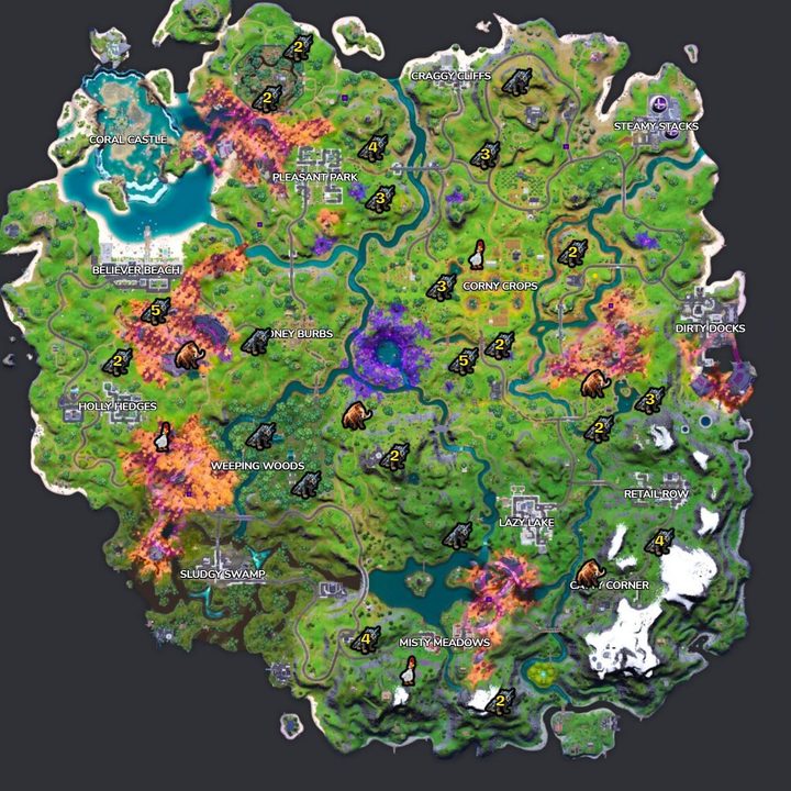Map of wildlife in Fortnite.