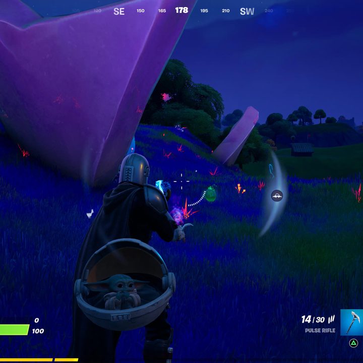 Chickens around alien parasites in Fortnite.