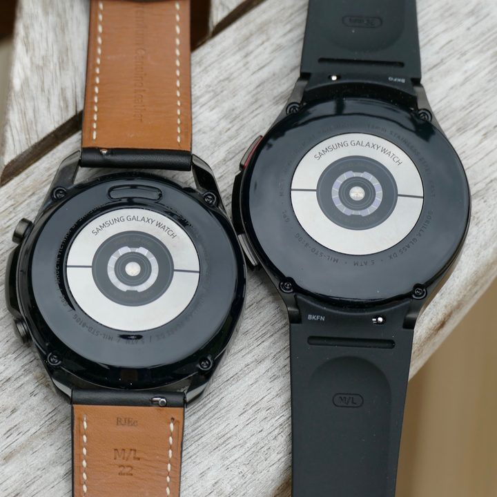 Biometric sensor array on the Galaxy Watch 3 (left) and the Galaxy Watch 4 Classic (right)
