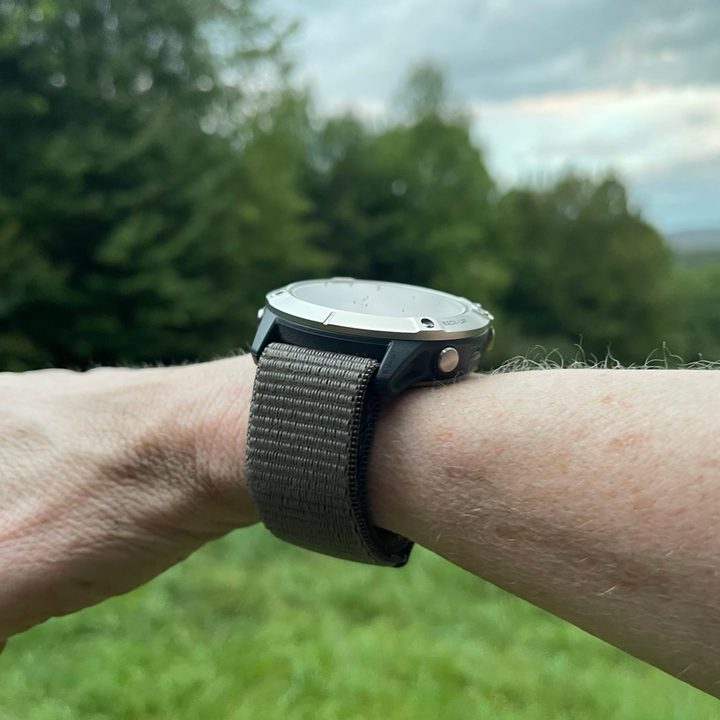 Closeup of watch strap on the Garmin Enduro.