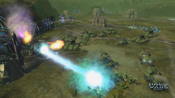 A squad of tanks being hit by a plasma blast.