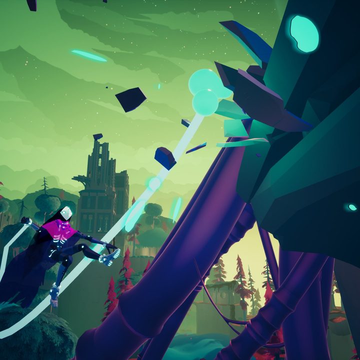 Rei climbs up a giant monster in Solar Ash.